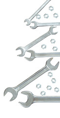 Photography of repair tools: wrenches and nuts arranged on white background