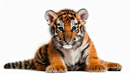 Obraz premium Two months old tiger cub sitting against white background