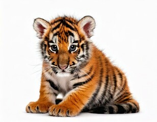 Fototapeta premium Two months old tiger cub sitting against white background