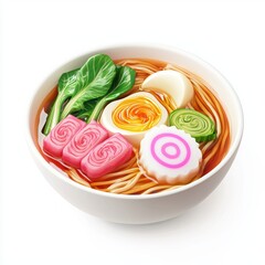 Colorful ramen with pink narutomaki (fish cake) slices and bok choy, placed on a bright white background