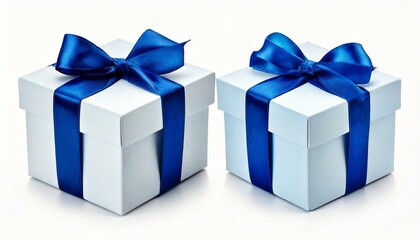 Obraz premium Two White boxs tied Blue satin ribbon bow Isolated on white