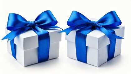 Obraz premium Two White boxs tied Blue satin ribbon bow Isolated on white