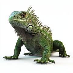 Large green iguana with spiky scales along its back, placed on a bright white background