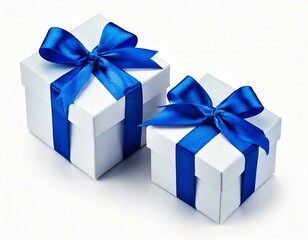 Obraz premium Two White boxs tied Blue satin ribbon bow Isolated on white
