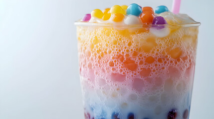 Colorful bubble tea with vibrant toppings and frothy milk layers