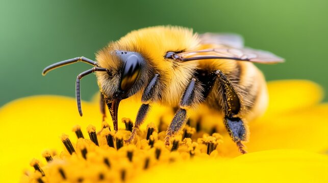 Close-up of bumblebee pollinating bright yellow flower in natural setting