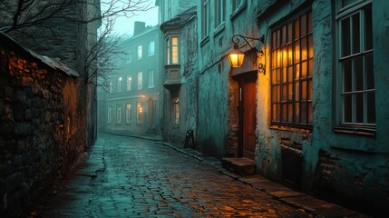 Foggy cobblestone lane, old city, night, mystery
