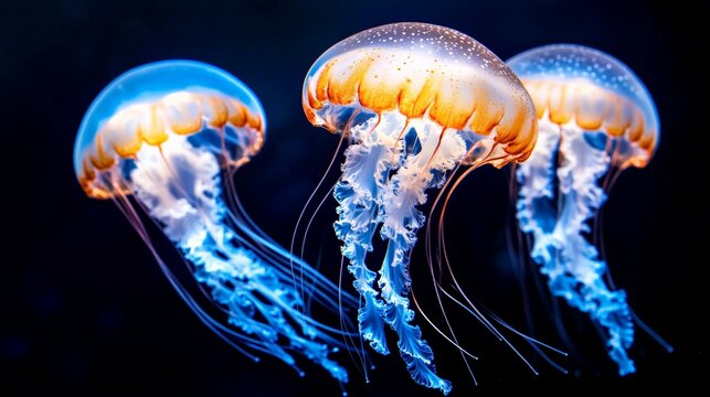 Vibrant glowing jellyfish in deep ocean underwater scene