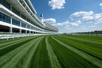 Wide-angle view of an empty, freshly mowed horse racetrack next to a grandstand, with bright blue sky and scattered clouds on a sunny day.
