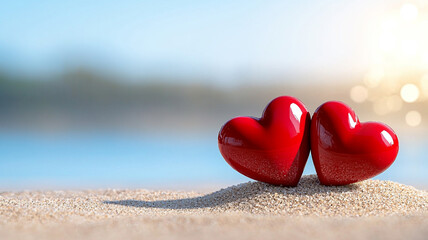 Fototapeta premium Two Red Hearts on a Sunny Beach A Symbol of Summer Love and Romance