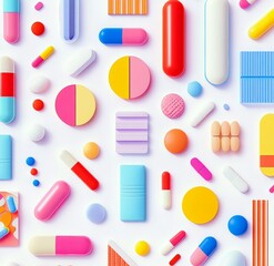 Colorful arrangement of various medication pills and capsules on a white background for healthcare, pharmaceutical, medical and wellness concepts