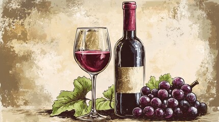 an artistic, vintage-style vector design with a focus on the elegance of the wine bottle and glass.