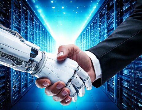 Shaking hands with the future: human and AI collaboration. Man and robot on background of huge data center.
