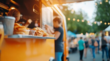 Fototapeta premium Vibrant outdoor food truck festival with people and string lights