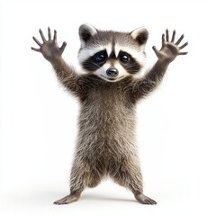Fototapeta premium Curious raccoon standing on its hind legs with tiny paws raised, placed on a bright white background