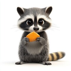 Curious raccoon holding a piece of food, centered on a clean white background