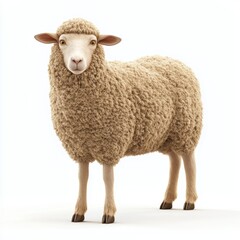 Fototapeta premium Curly-haired sheep with a gentle face standing in a field, centered on a clean white background