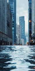 Urban Flooding in a Modern City Street with Skyscrapers and Cloudy Sky Reflections