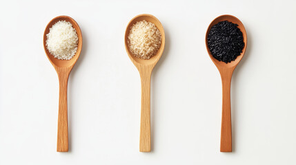 Artistic flat lay of various rice types in wooden spoons, showcasing white, brown, and black rice. This visually appealing arrangement highlights diversity of rice