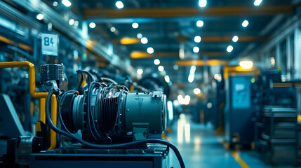Fototapeta premium Industrial factory interior with heavy machinery and bright lighting in focus