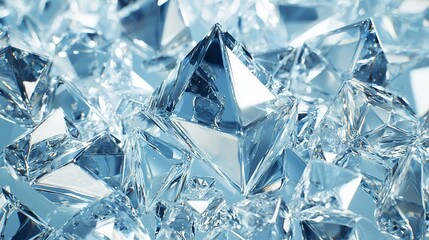 Close-up of many light blue,faceted,crystal pyramids.