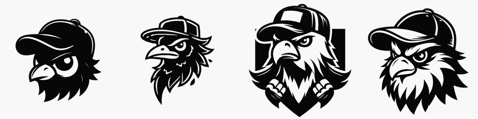 Fototapeta premium Four stylized eagle logos featuring unique designs, each with a cap and distinct facial features, showcasing a bold and fierce aesthetic.