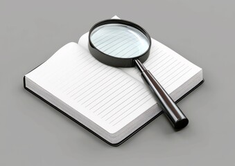 Magnifying Glass on Open Blank Notebook, Symbolizing Research, Learning, and Exploration in a Minimalist Office Setting for Inspirational Content
