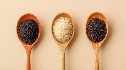 Artistic flat lay of wooden spoons holding black rice, white rice, and purple rice, showcasing vibrant colors and textures. delightful visual for food enthusiasts