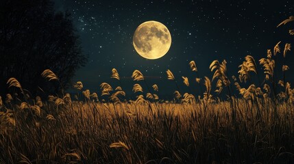 Fototapeta premium Full moon and Japanese pampas grass in midnight,The harvest Miscanthus sinensis and full moon,beautiful night sky in the countryside with the perfect moon exudes beauty in the dark.