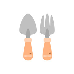 Garden tools, shovel and rake for flowers flat vector illustration. Garden and vegetable garden concept