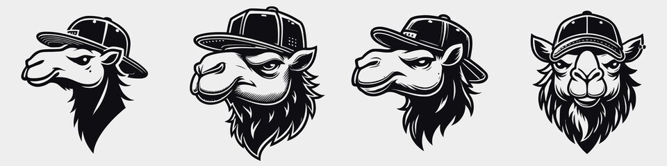 Four stylized camel heads wearing caps, showcasing various expressions and beard designs, blending humor with cool aesthetics.