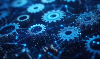 Interconnected gears, digital network, technology, close-up