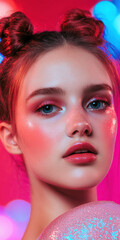 Naklejka premium Young Caucasian female with glittery makeup and styled hair in vibrant colorful setting