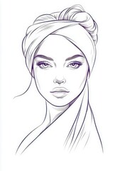 Elegant Line Art Depicting a Beautiful Female Face with Headscarf, Featuring Soft Features, Smooth Lines, and Captivating Eyes