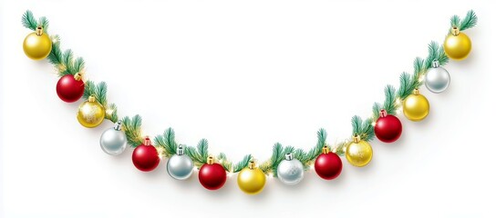 Colorful Christmas Ornaments and Pine Branches Arranged Elegantly on White Background for Festive Decoration