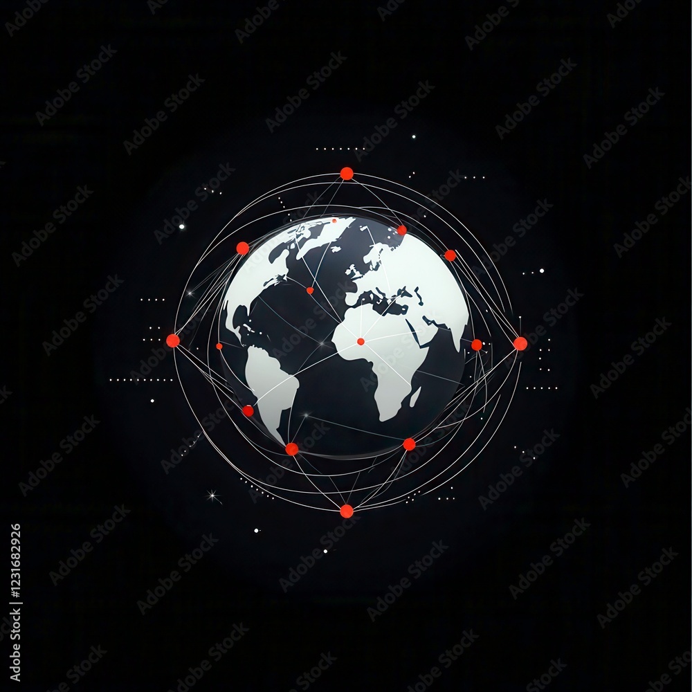 Poster global network connection represented by a 3d globe surrounded by red nodes and lines in a dark back