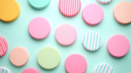 Fototapeta premium Colorful Circular Discs in Pastel Tones with Diverse Patterns on Tranquil Aquamarine Background