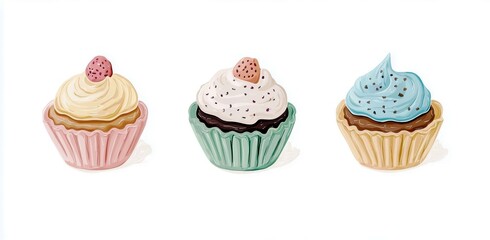 Colorful and Delicious Cupcakes Featuring Swirling Icing Topped with Strawberries and Sprinkles on a Clean White Background Perfect for Food Lovers