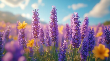 Naklejka premium A field of lavender flowers under a clear sky with yellow wildflowers scattered throughout