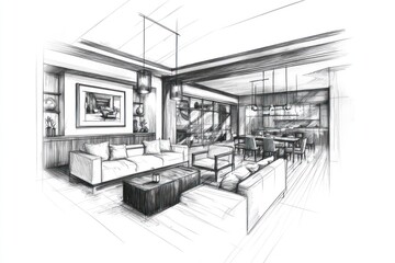 Sketch of modern open-plan living space.