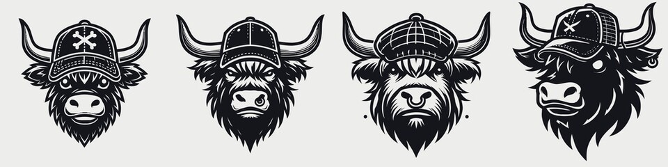 Obraz premium Four stylized bull heads wearing hats, showcasing unique expressions and designs, ideal for branding or artistic projects.