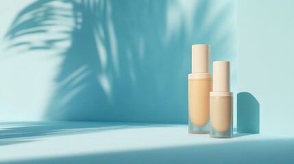 Bottles of makeup foundation and cushion,Collection of skin foundation bottles in different shades and samples on color background,makeup essentials,Cushion Foundation liquid and swatche,copy space.