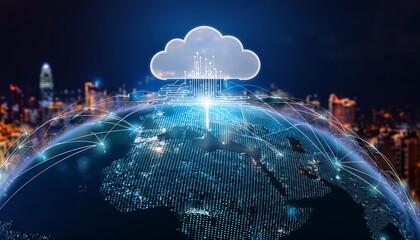 image of cloud computing and digital data transfer with computing networked across cities country and globe with virtualization approach