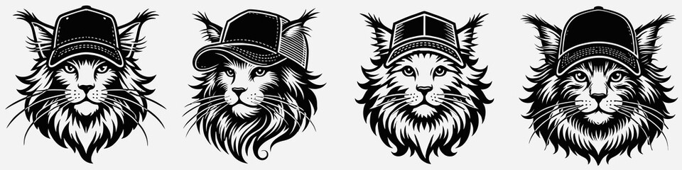 Obraz premium A collection of four artistic cat illustrations wearing caps, featuring stylish and detailed black-and-white designs.