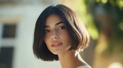 Fototapeta premium A graceful Latina woman with a chic bob haircut, showcasing modern sophistication and elegance, ideal for fashion or beauty marketing