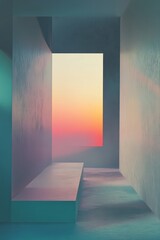 A serene minimalist interior featuring a geometric window with soft pastel sunset hues illuminating the space.