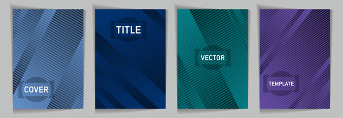 Diagonal lines texture metallic gradient vector cover page templates. Frame for text. Cover page layout design collection. Lines and stripes background patterns. Geometry stripes surface backgrounds