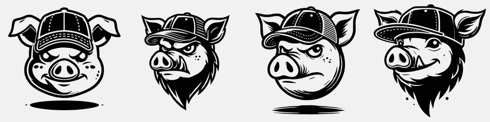 Fototapeta premium Four distinct cartoon pig heads wearing caps, showcasing various expressions and styles, emphasizing a playful and edgy vibe.