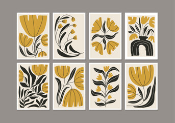 Botanical mid century contemporary collage minimalist wall art posters set 