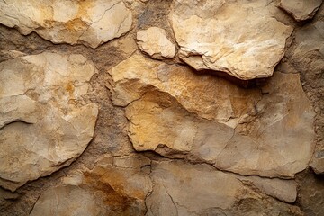 Fototapeta premium Close-up photo of a sandstone wall It showcases the stone's intricate textures, patterns, and earth tones.